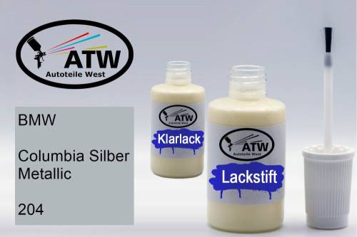 BMW, Columbia Silber Metallic, 204: 20ml Lackstift + 20ml Klarlack - Set, von ATW Autoteile West.